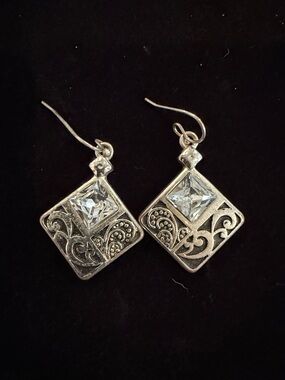 Silver Filigree Square Drop Earrings with Clear Crystal